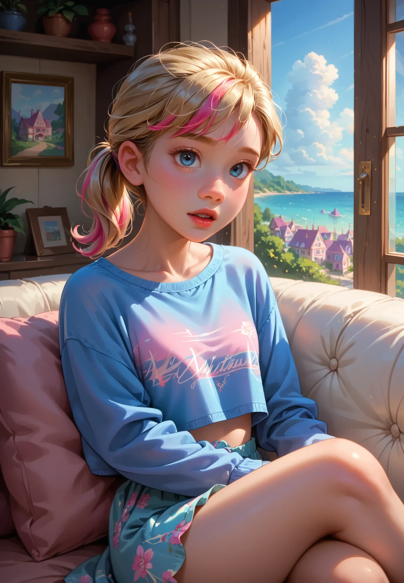 1girl, solo, Riley Andersen, Inside Out, parted lips, blonde ponytail hair with pink highlights, sitting on a sofa, sexy pose, alluring atmosphere,night time, seaside town, beautiful lighting and shadows,masterpiece,top quality,warm color,high resolution,h...