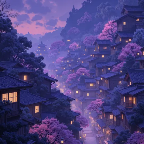 A fantastical night scene of a mist-covered Japanese mountain city. Traditional wooden buildings with tiled roofs densely line the slope, each glowing warmly through shoji-style windows. The atmosphere is serene and otherworldly. Subtle cyberpunk details—f...