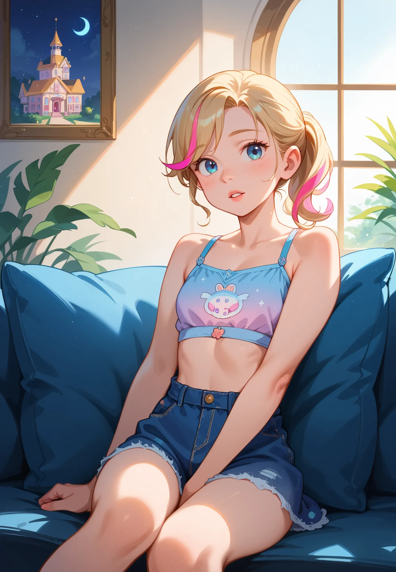 1girl, solo, Riley Andersen, Inside Out, parted lips, blonde ponytail hair with pink highlights, sitting on a sofa, sexy pose, alluring atmosphere,night time, seaside town, beautiful lighting and shadows,masterpiece,top quality,warm color,high resolution,h...