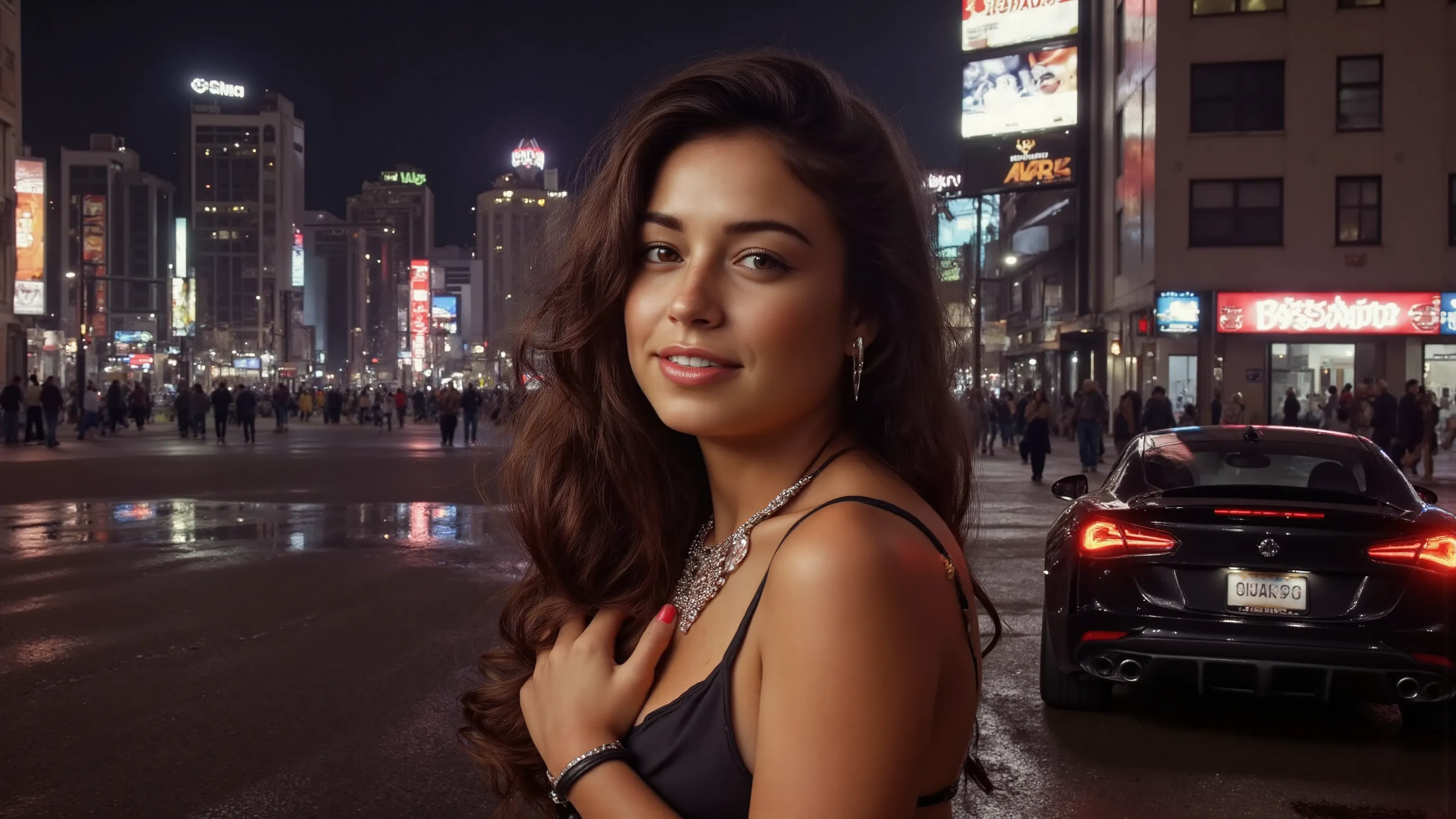 An athletic female is posing in a western cyberpunk city near a cyberpunk sports car [from the brand "Dream Diffusion", "Flux-Hi v8" model], at night, wearing a futuristic outfit (including high-heels) and adorned with intricate neon and rich jewellery. Au...