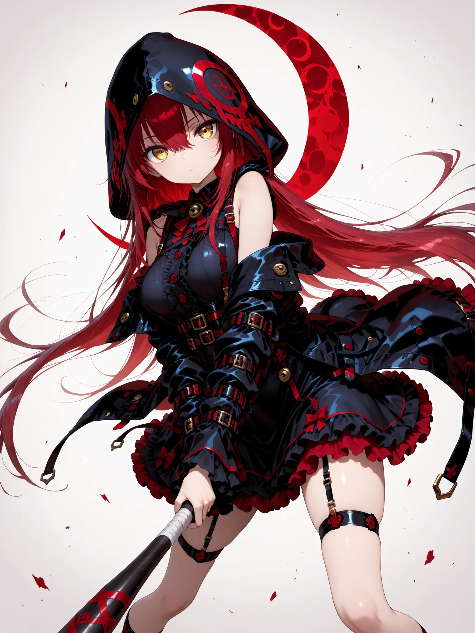 1 girl , golden eyes , very long hair , long sidelocks, red hair ,half updo, petite , very cute , beautiful ,Straight hair, cool, handsome, hair between eyes, sexy, female, medium large breasts, , black and red gothic mini dress, black and red mini dress w...