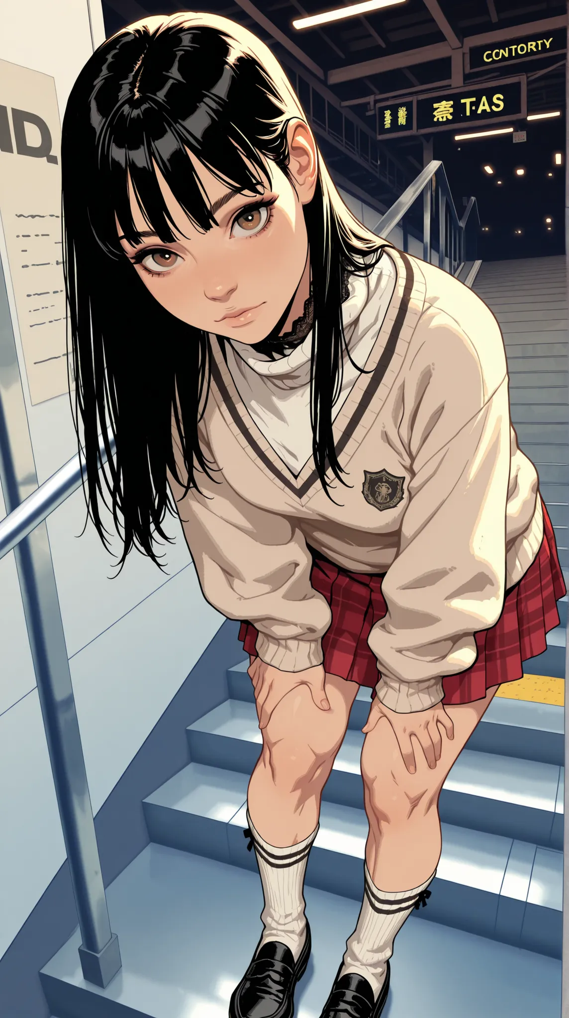 HDR, 8K, masterpiece, best quality, amazing quality, very aesthetic, realistic, newest, volumetric lighting, (flat colors:0.7), (artist:incase:0.3), mtskyamd, 1girl, skirt, solo, school uniform, shoes, jacket, long hair,black hair, masterpiece, best qualit...