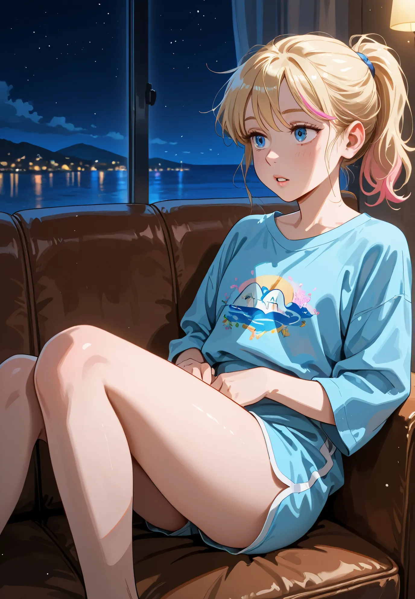 1girl, solo, Riley Andersen, Inside Out, parted lips, blonde ponytail hair with pink highlights, sitting on a sofa, sexy pose, alluring atmosphere,night time, seaside town, beautiful lighting and shadows,masterpiece,top quality,warm color,high resolution,h...