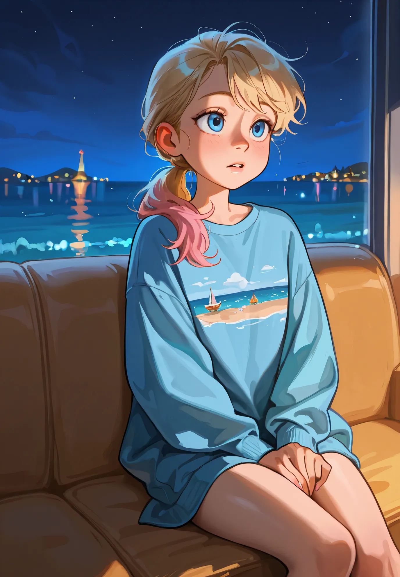 1girl, solo, Riley Andersen, Inside Out, parted lips, blonde ponytail hair with pink highlights, sitting on a sofa, sexy pose, alluring atmosphere,night time, seaside town, beautiful lighting and shadows,masterpiece,top quality,warm color,high resolution,h...