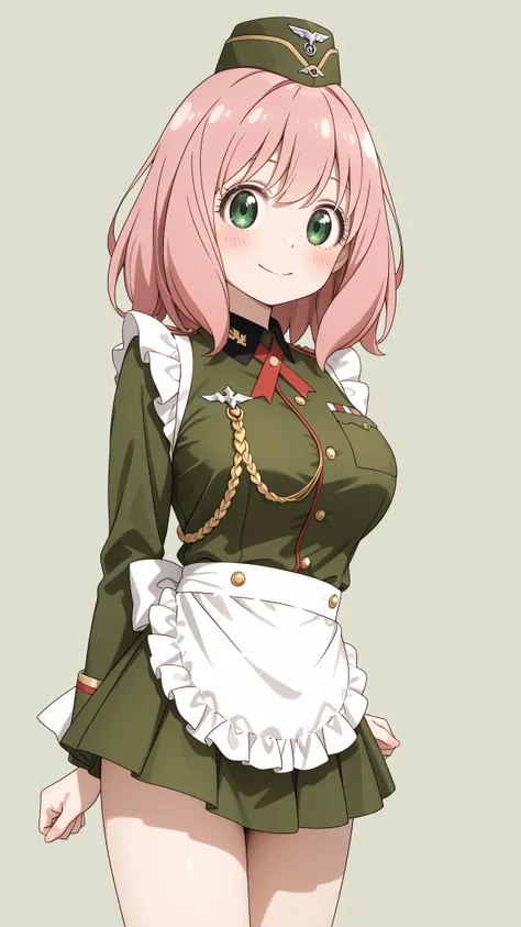 Anya from Spy x Family wearing a Zeon military costume and、Flare Mini Skirt、raising the Zeon flag behind。I'm wearing an AK47 and、If Zeon's costume is a maid type, please make an image of