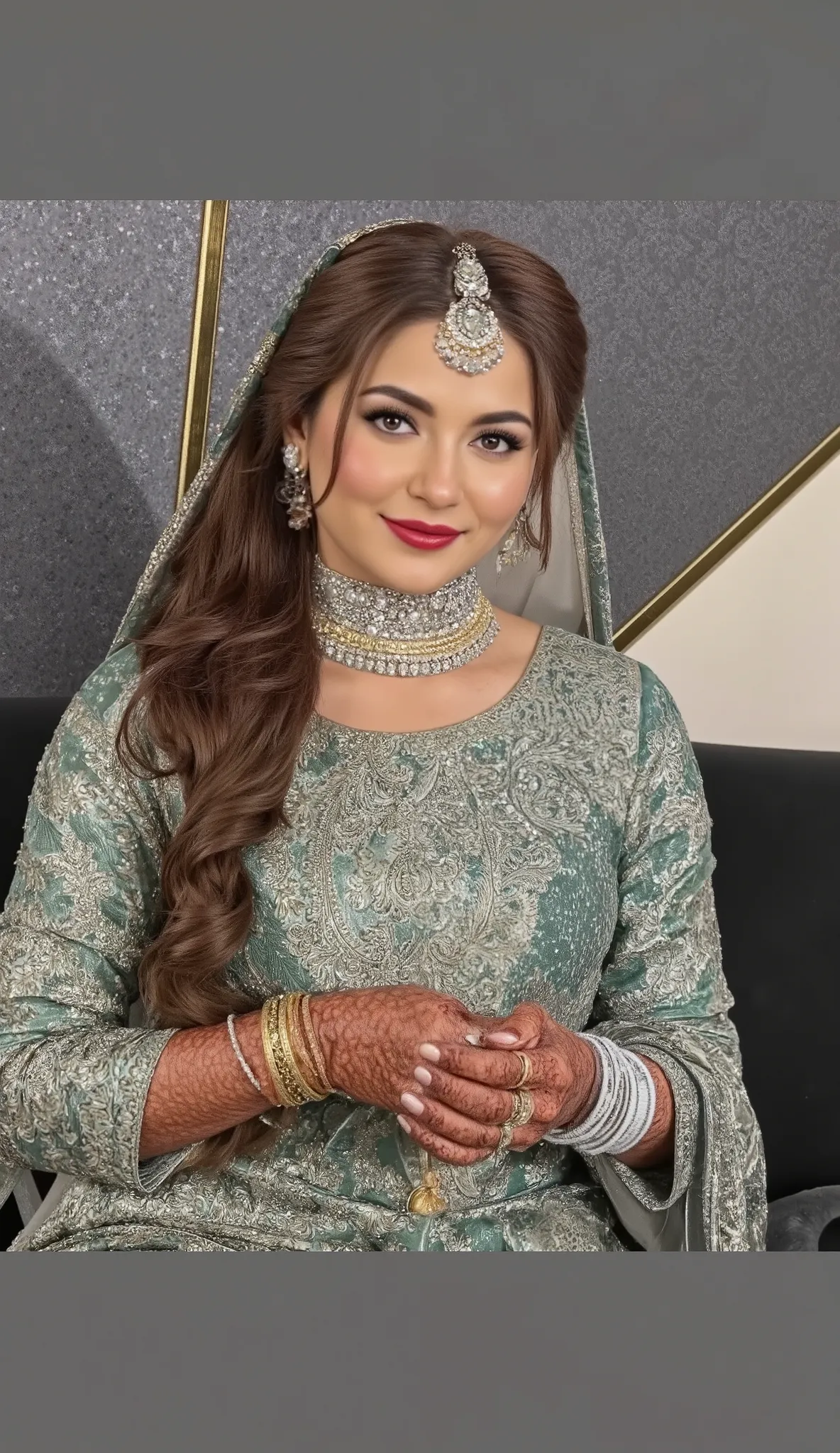 Masterpiece, hyper realistic, voluptuous Pakistani actress (Hania Amir),wearing a heavy traditional pakistani dress and jewelry in a marriage hall, detailed looks(smiling with dimples), with intricate details of the iris and lashes, voluptuous body and Her...