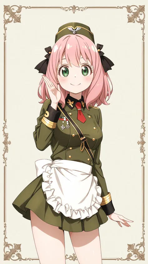 Anya from Spy x Family wearing a Zeon military costume and、Flare Mini Skirt、 I'm saluting 、Please make an image of the Principality of Zeon being raised in the back。I'm wearing an AK47 and、If Zeon's costume is a maid type, please make an image of