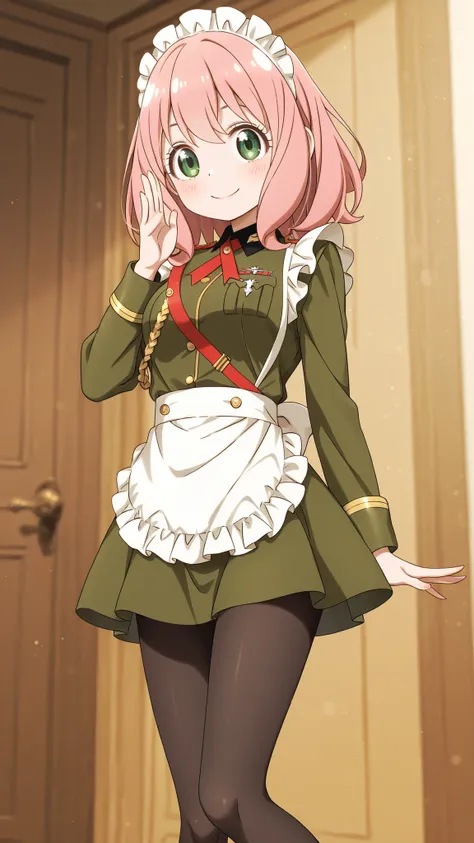 Anya from Spy x Family wearing a Zeon military costume and、Flare Mini Skirt、 I'm saluting 、Please make an image of the Principality of Zeon being raised in the back。I'm wearing an AK47 and、If Zeon's costume is a maid type, please make an image of