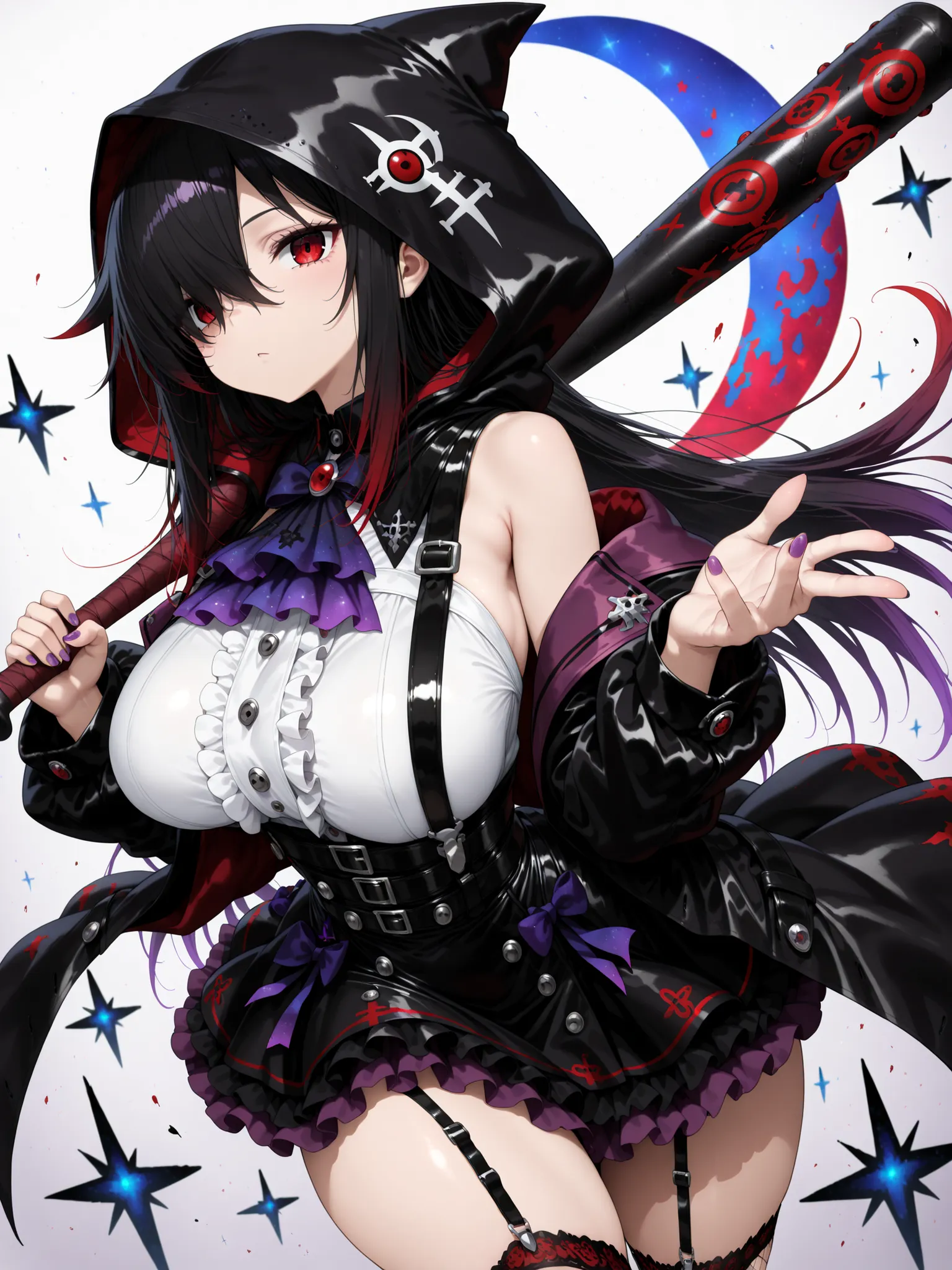 1 girl, Kuroki Monika, red eyes, gradient hair, black hair, red hair, long hair, asymmetrical hairline, hair over right eye, ((large breasts)), (petite but curvy), very cute, black and purple gothic mini dress, black and purple mini dress with frills, emot...