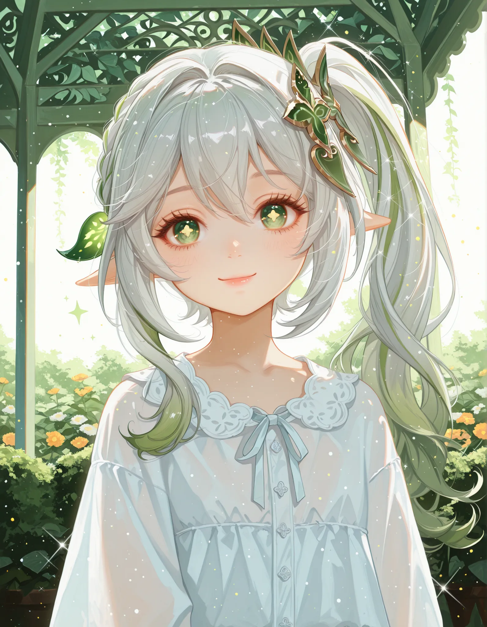 safe, masterpiece, best quality, good quality, very aesthetic, absurdres, newest, 1girl, solo, young, white hair, side ponytail,pointy ears, detailed eyes, nahida genshin_impact, smiling,long eyelashes, thick eyelashes, large eyes, detailed eyes, simple ba...