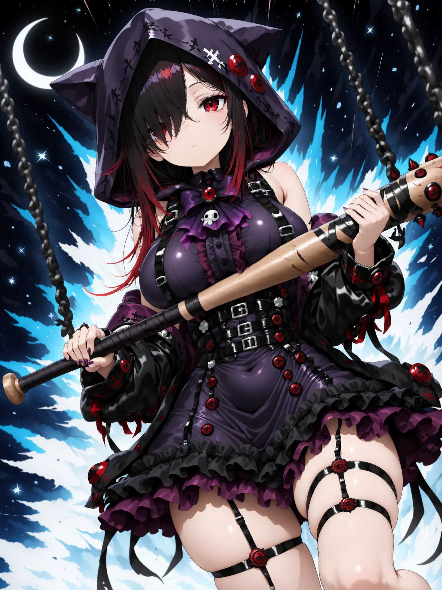 1 girl, Kuroki Monika, red eyes, gradient hair, black hair, red hair, long hair, asymmetrical hairline, hair over right eye, ((large breasts)), (petite but curvy), very cute, black and purple gothic mini dress, black and purple mini dress with frills, emot...