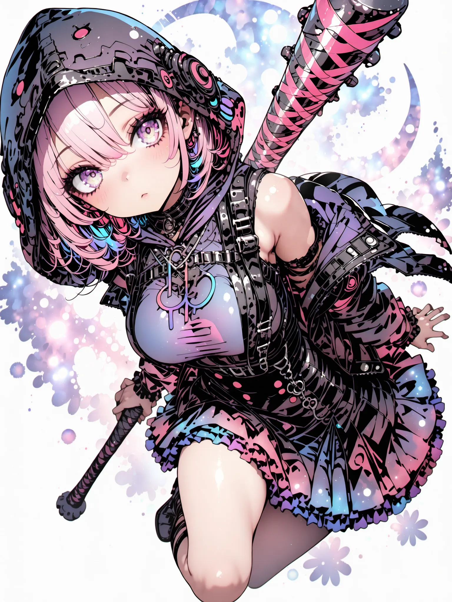 1 girl, violet eyes, light pink hair, short hair, cool, beautiful, medium breast, very cute, lovely, kawaii, black and violet mini dress, black and violet mini dress with frills, emotionless facial expression, black oversize gothic jacket with hood, hood o...