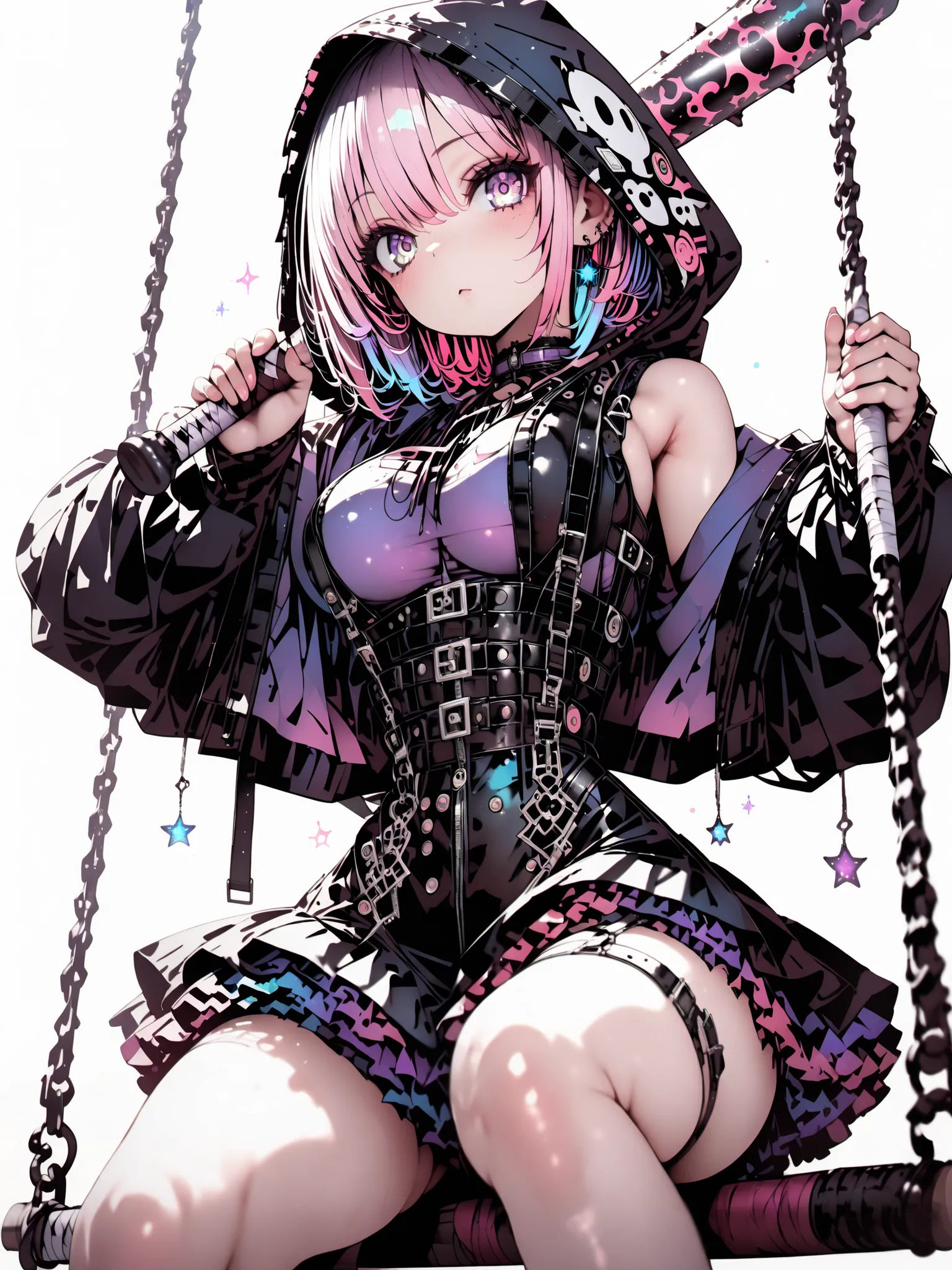 1 girl, violet eyes, light pink hair, short hair, cool, beautiful, medium breast, very cute, lovely, kawaii, black and violet mini dress, black and violet mini dress with frills, emotionless facial expression, black oversize gothic jacket with hood, hood o...