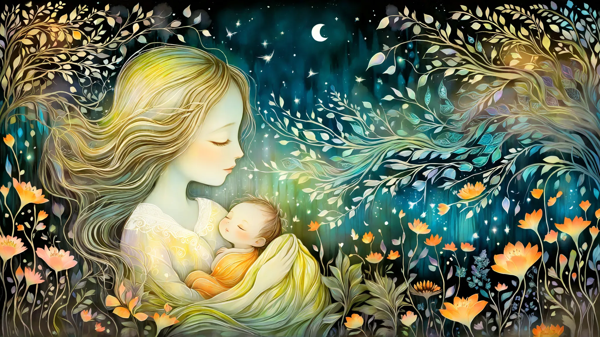 Dreamlike digital artwork of a mother holding her baby in her arms. Her cascading hair transforms into a vibrant waterfall of neon blackberries and flowers detailed with a zentangle pattern, twisting into a tornado of love and affection, becoming a cloak t...