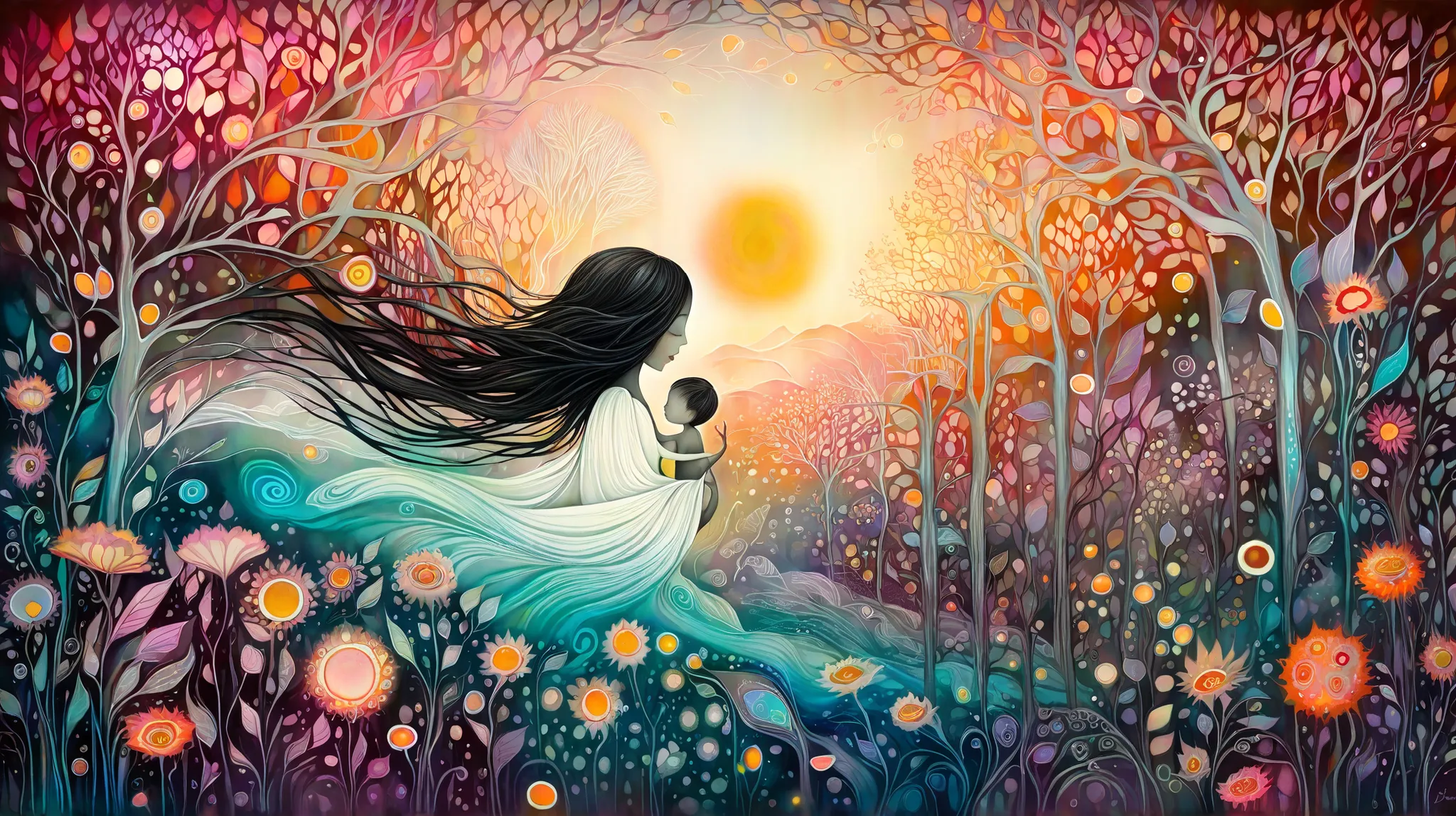 Dreamlike digital artwork of a mother holding her baby in her arms. Her cascading hair transforms into a vibrant waterfall of neon blackberries and flowers detailed with a zentangle pattern, twisting into a tornado of love and affection, becoming a cloak t...