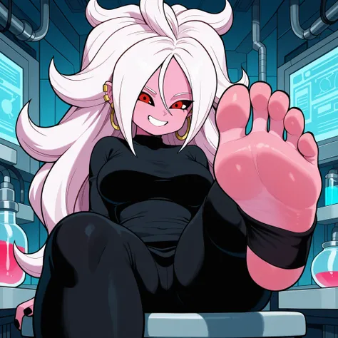 CARTOON style , android 21,  pink skin, long hair, red eyes, big bobbies, laboratory, black clothes , front view, upper view, sitting, sexy smile, sole of the foot, close up 