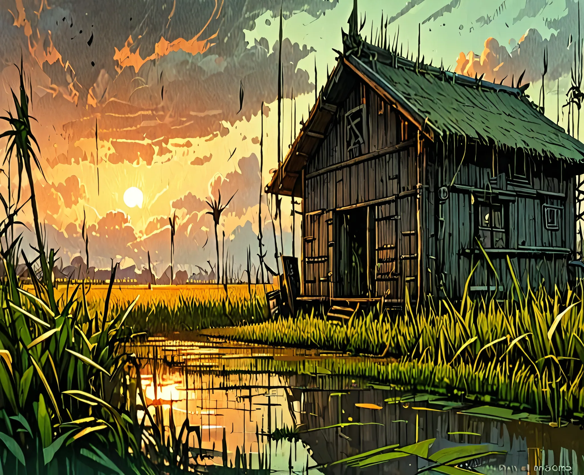 (stylized by Patricia Polacco:0.8) , ren's illustration art, professional studio mundane, Rule of Thirds, landscape of a (Rice paddy:1.3) from inside of a Kennel, it is very Young and Furry, Lovecraftian foliage and Orion in background, Thunderstorm, Movie...