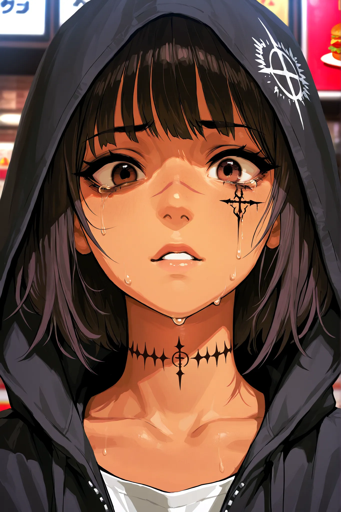 A stunning and beautiful yet sobering and haunting upper body portrait of a beautiful woman with dark brunette hair, tan skin, and brown eyes, she has a look of fear and concern tinged with an unmistakable air of weariness and sadness, she is wearing a bla...