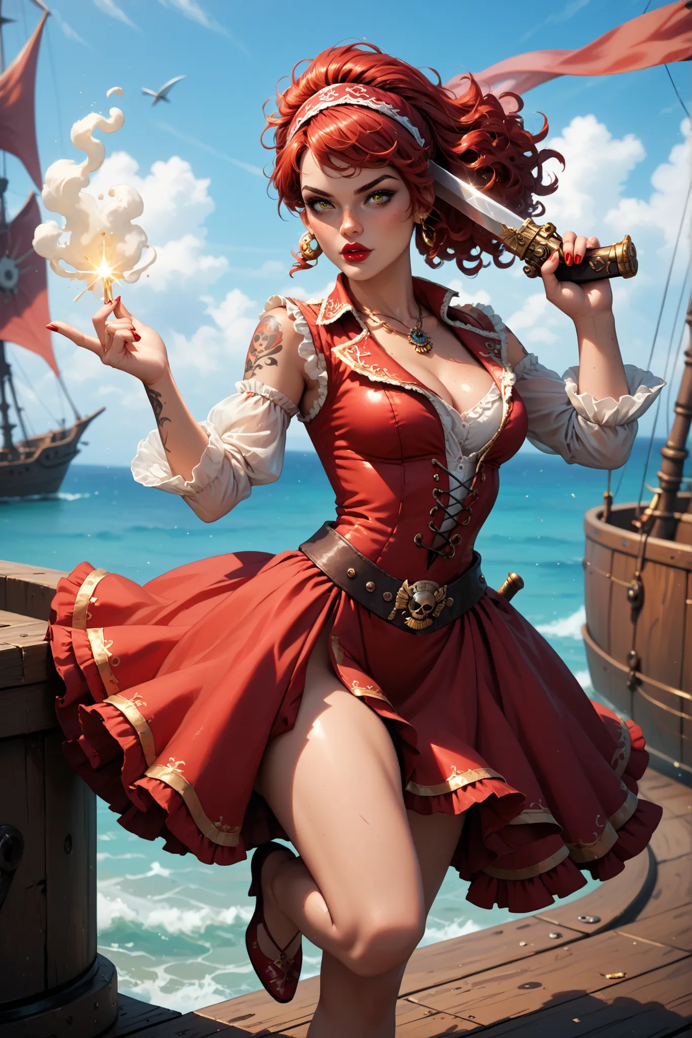 sexy and beautiful girl, red pirate, red curly ponytail with bangs, piercing yellow eyes, red big lips, freckles, red hair band, short red pirate dress, scars and tattoos, sword and guns, hottie body, messing with magic dust, potions and spells, on the pir...