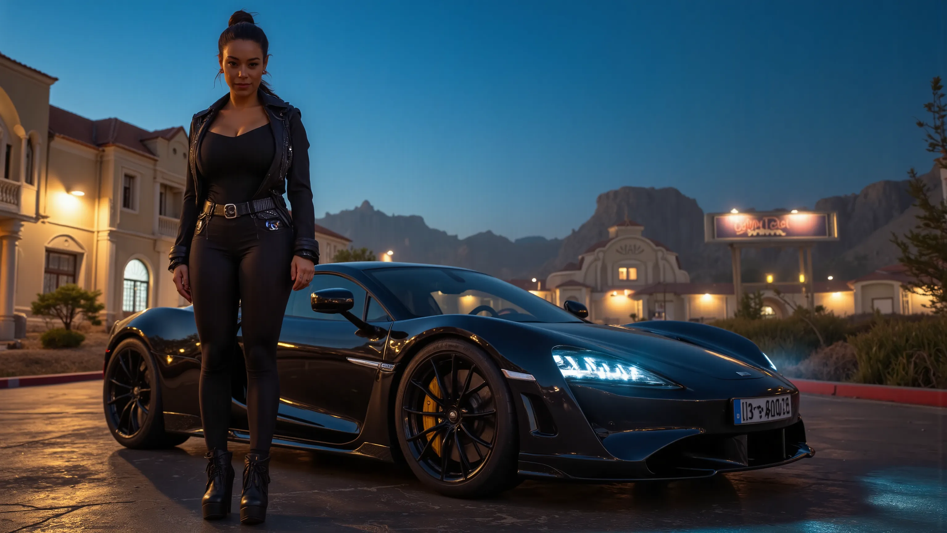 An athletic female is posing in a western cyberpunk city near a cyberpunk sports car (from the brand "Dream Diffusion", "Flux-Hi" "v8" model), at night, wearing a futuristic outfit (including high-heels) and adorned with intricate neon and rich jewellery. ...