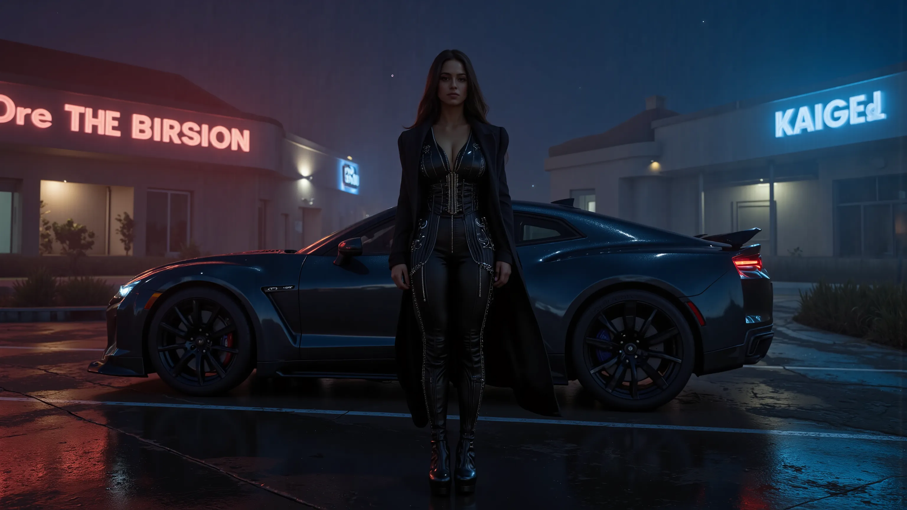 An athletic female is posing in a western cyberpunk city near a cyberpunk sports car (from the brand "Dream Diffusion", "Flux-Hi" "v8" model), at night, wearing a futuristic outfit (including high-heels) and adorned with intricate neon and rich jewellery. ...