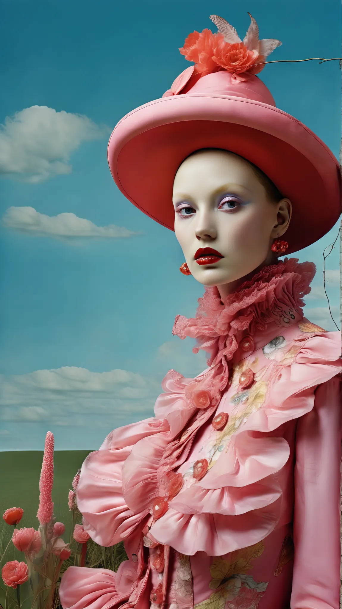 Tim Walker inspired, fashion photograph, whimsical settings, surreal elements, creative storytelling, vibrant colors, (detailed face:1.05), hyperrealistic, photorealistic
