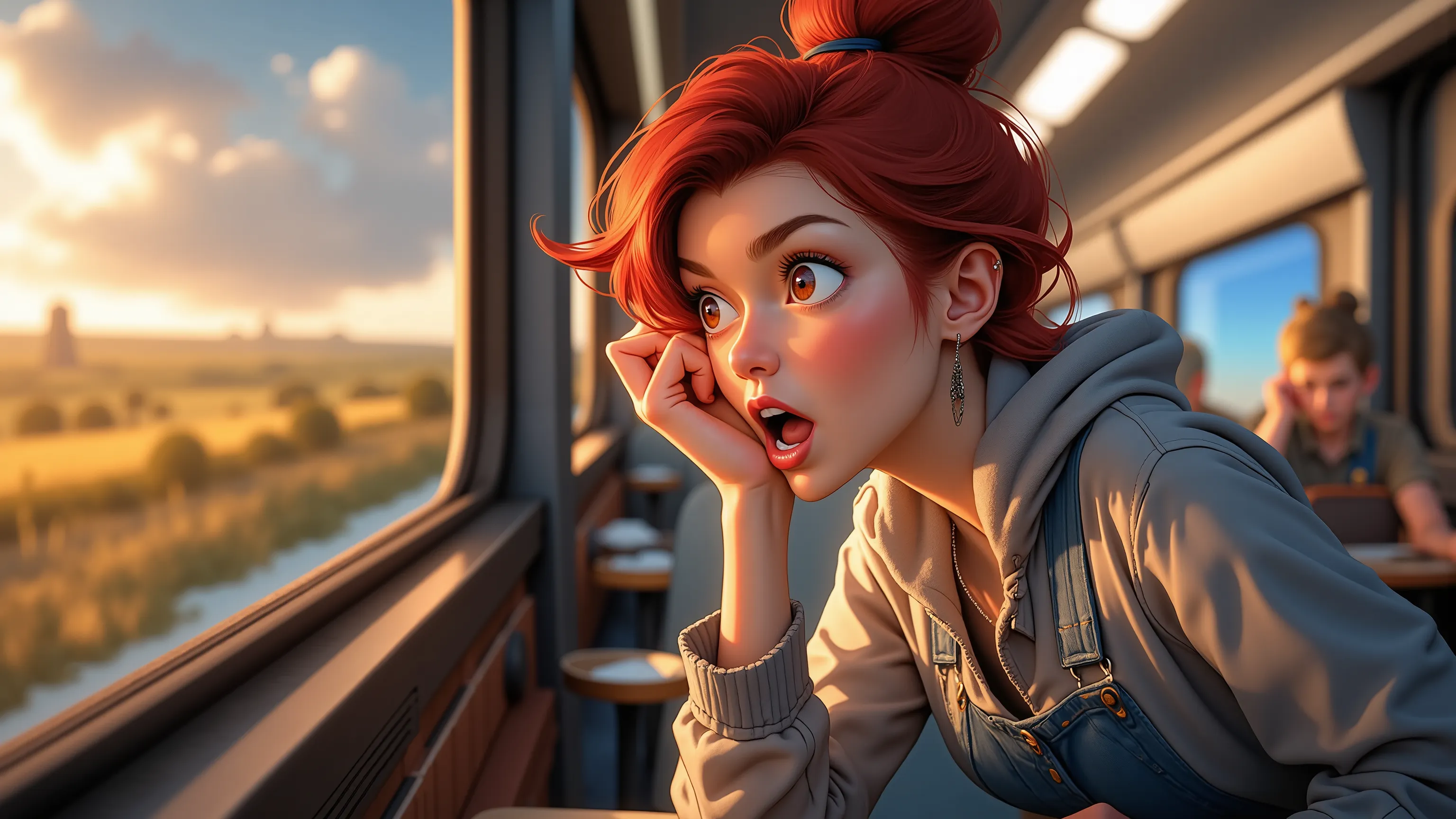 A 32 year old girl is riding on a train and looking out the window in surprise, with her eyes wide open. she is wearing jeans and a blouse. a girl with dark red hair. 4k camera. Professional background blur. Chromatic aberration at the edges of the image. ...