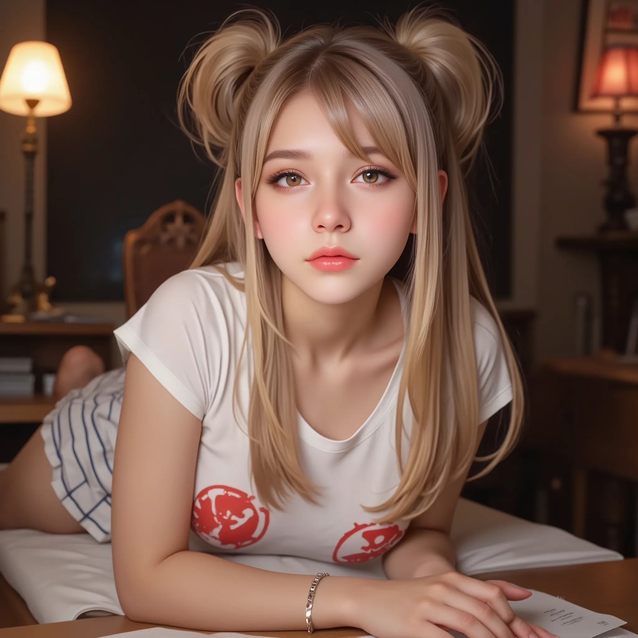 A beautiful blonde girl in a sexy schoolgirl outfit, with pigtails hairstyle, wearing a shirt and mini skirt, lying seductively on a desk, (best quality,4k,8k,highres,masterpiece:1.2),ultra-detailed,(realistic,photorealistic,photo-realistic:1.37), detailed...