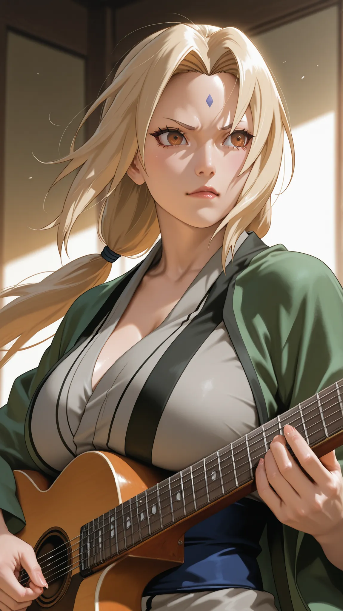 A hyper-realistic live-action version of Tsunade from Naruto, playing guitar, showing only her upper body (half-body portrait). She has big breast. She has long blonde hair, fair skin, golden-brown eyes, wearing her iconic green jacket over a grey kimono-s...