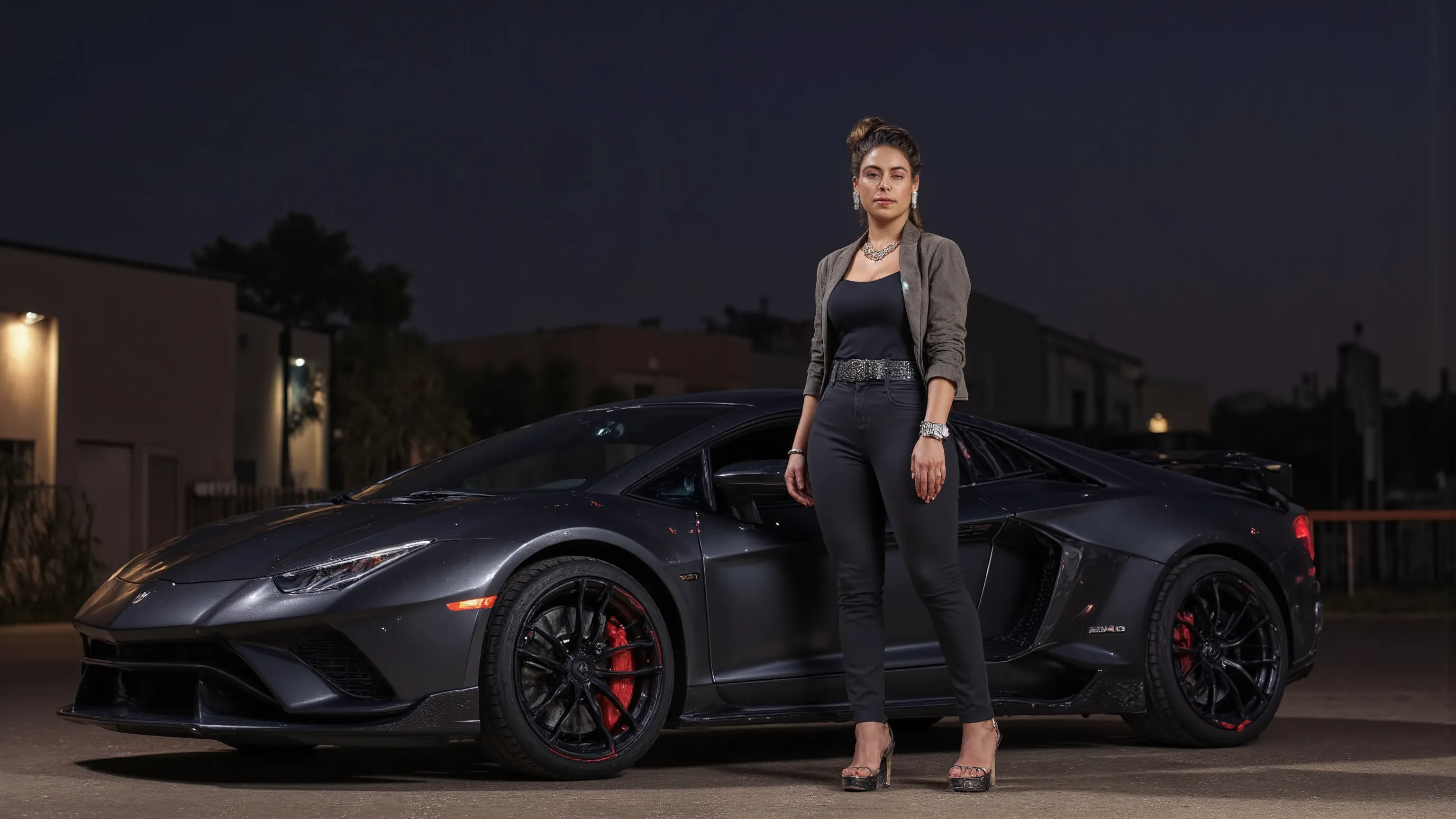 An athletic female is posing in a western cyberpunk city near a cyberpunk sports car (from the brand "Dream Diffusion", "Flux-Hi" "v8" model), at night, wearing a futuristic outfit (including high-heels) and adorned with intricate neon and rich jewellery. ...
