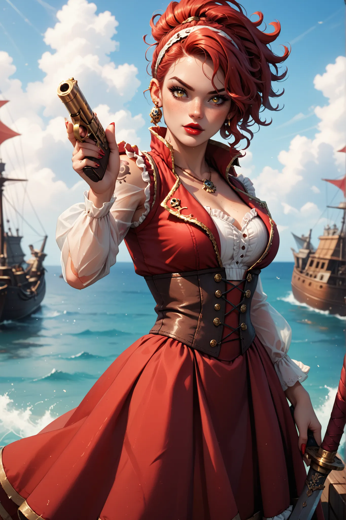 sexy and beautiful girl, red pirate, red curly ponytail with bangs, piercing yellow eyes, red big lips, freckles, red hair band, short red pirate dress, scars and tattoos, sword and guns, hottie body, messing with pixie dust and magic potions, on the pirat...