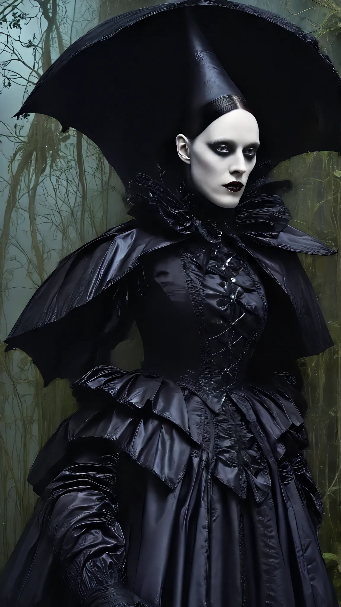 Tim Walker inspired, Fashion photography leather fetish, whimsical settings, surreal elements, creative storytelling, vibrant colors, (detailed face:1.05), hyperrealistic, photorealistic. Gothic