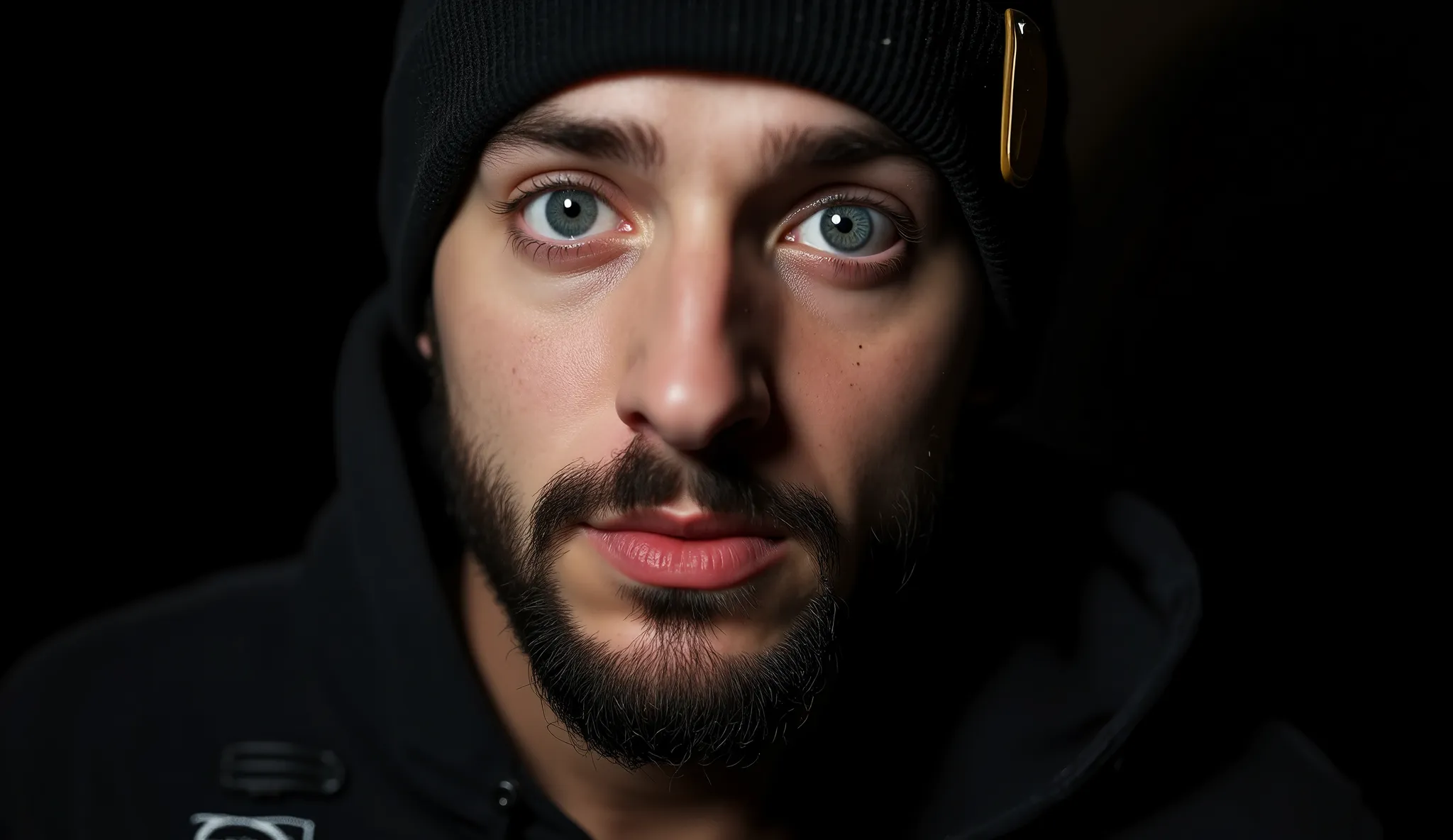 dodge and burn effect, cinematic light ,Cinematic colors, cinematic light effects, Man with beard and bald head, aesthetic facial expression 