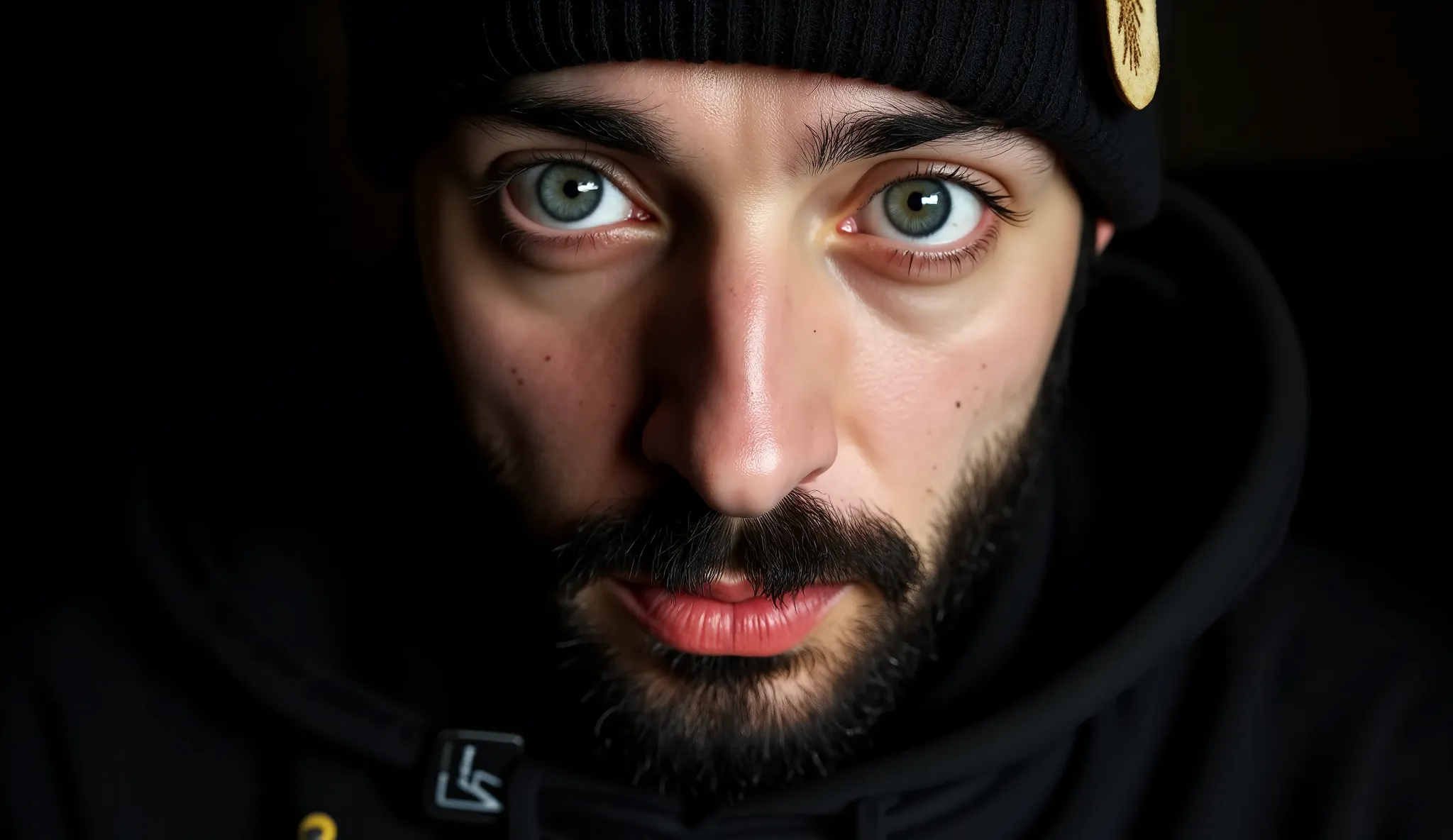 dodge and burn effect, cinematic light ,Cinematic colors, cinematic light effects, Man with beard and bald head, aesthetic facial expression 