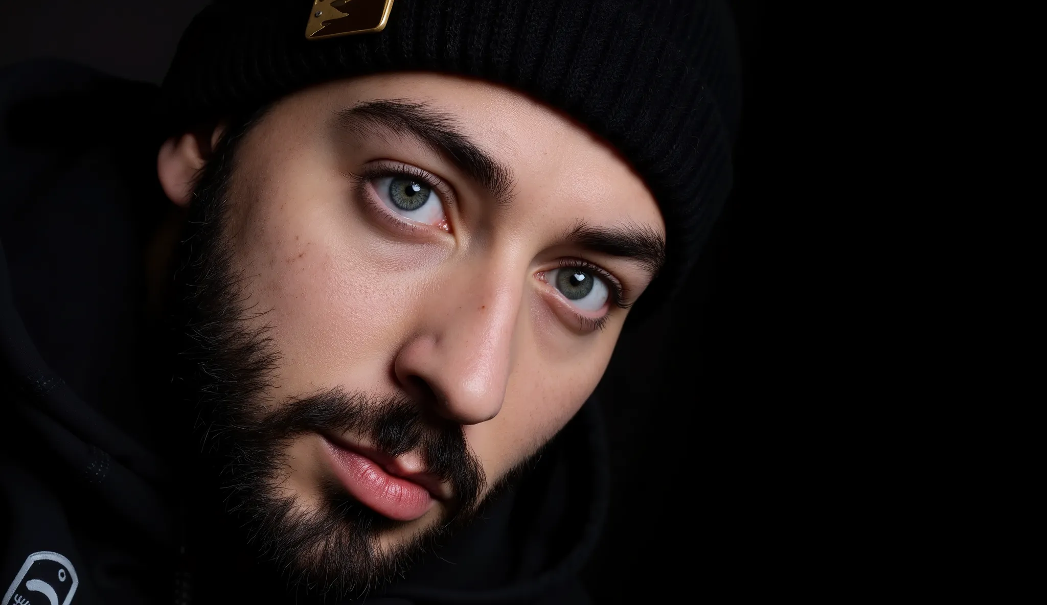dodge and burn effect, cinematic light ,Cinematic colors, cinematic light effects, Man with beard and bald head, aesthetic facial expression 