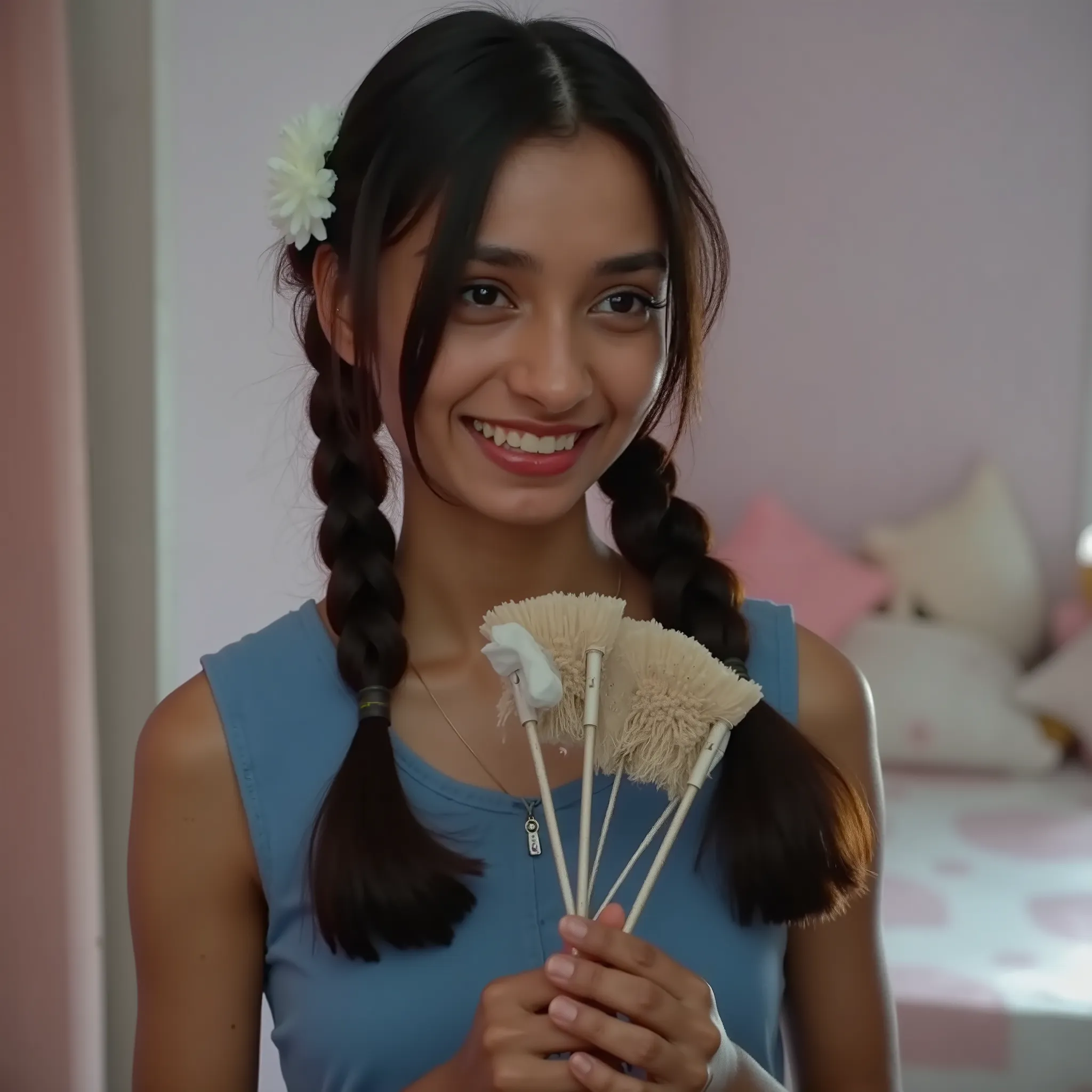 Srilankan skinny girl with blue frock cleaning changing room sights swacha bharat abhijan, face shot, brown skin tone, sweaty skin, standing,