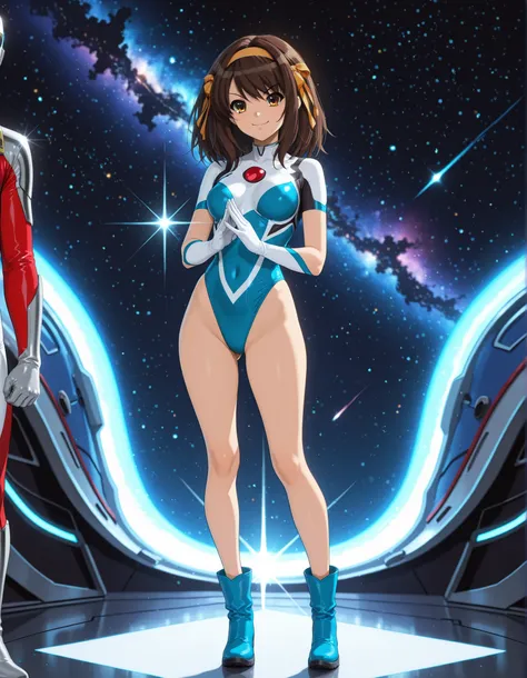 Masterpiece, best quality, high res, 8k, solo, solo focus, 1girl, sysdeep_haruhi, suzumiya haruhi as a ultraman-type superheroine, (blue highleg leotard with white accents), (bare legs:1.4), matching gloves, (matching boots, blue ankle boots:1.2), smile, s...