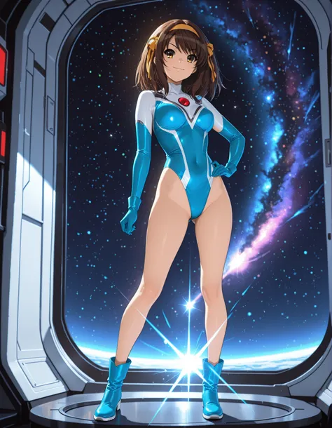 Masterpiece, best quality, high res, 8k, solo, solo focus, 1girl, sysdeep_haruhi, suzumiya haruhi as a ultraman-type superheroine, (blue highleg leotard with white accents), (bare legs:1.4), matching gloves, (matching boots, blue ankle boots:1.2), smile, s...