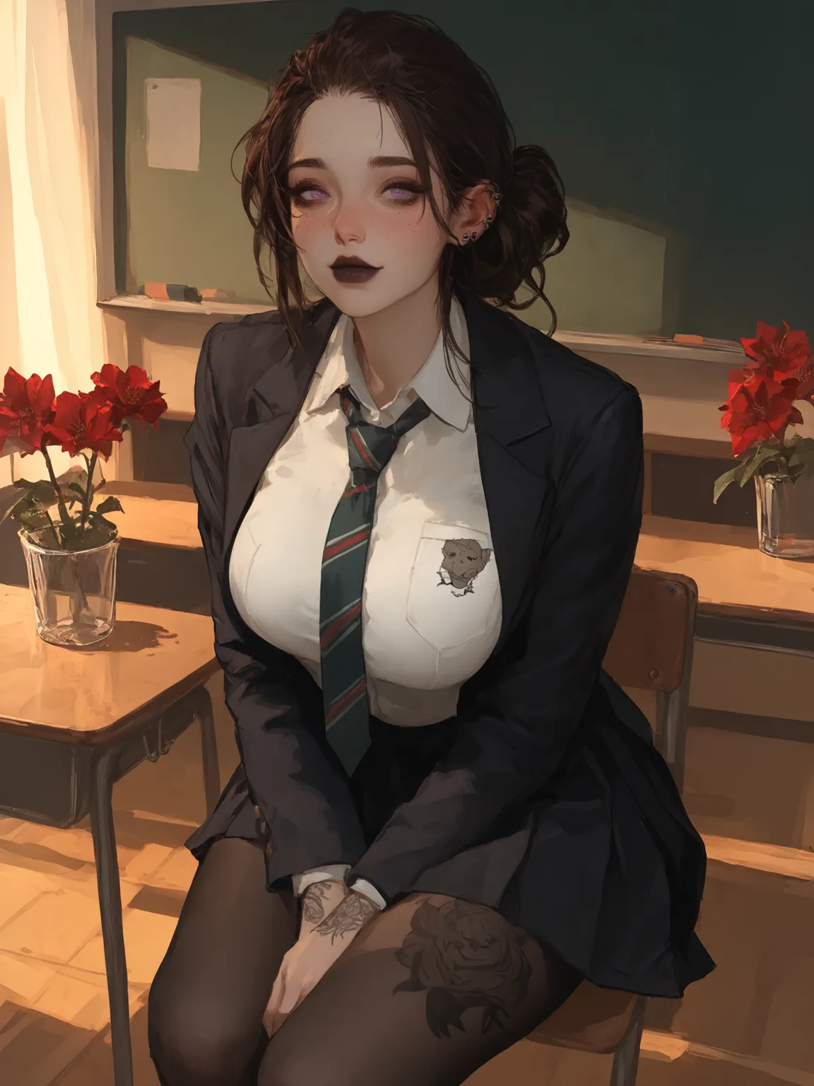 {{masterpiece}} 1 girl, alone, solo. 19 years old. Brunette. Goth girl. Dark brown hair tied in a low bun, loose forehead. Purple eyes. Black lipstick. Tattoos on her arms. Lion tattoo on her pubic area. Ear piercings. Wears a school uniform. White shirt w...