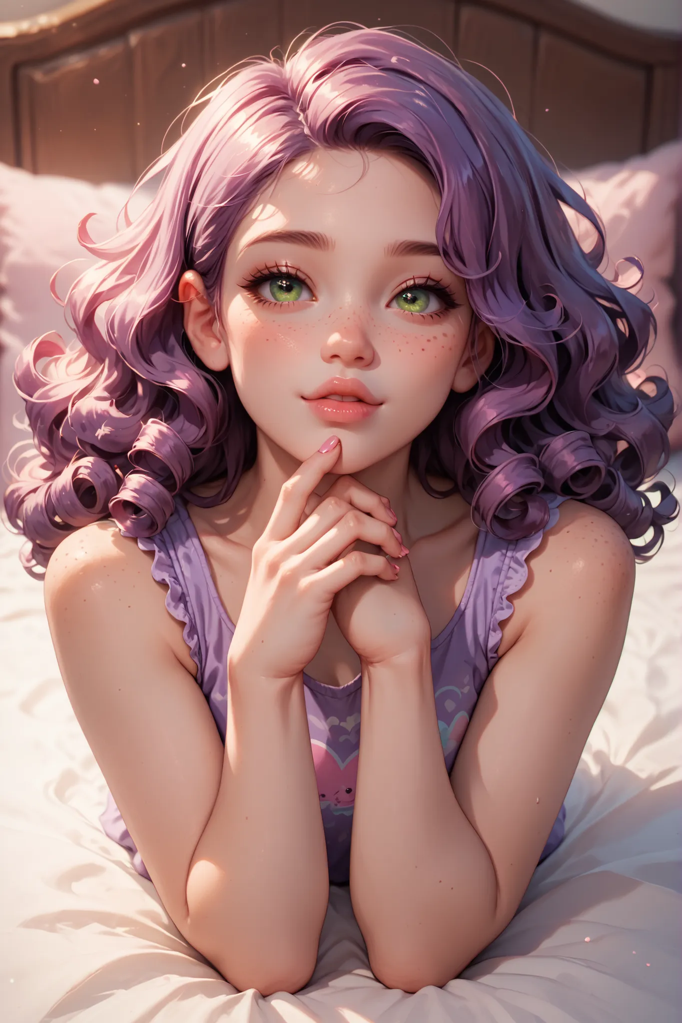very cute girl, pinkish pale skin, big green eyes, pink cute lips, long curly purple hair, freckles, short purple clothes, hottie body, passionate in the bed, full body