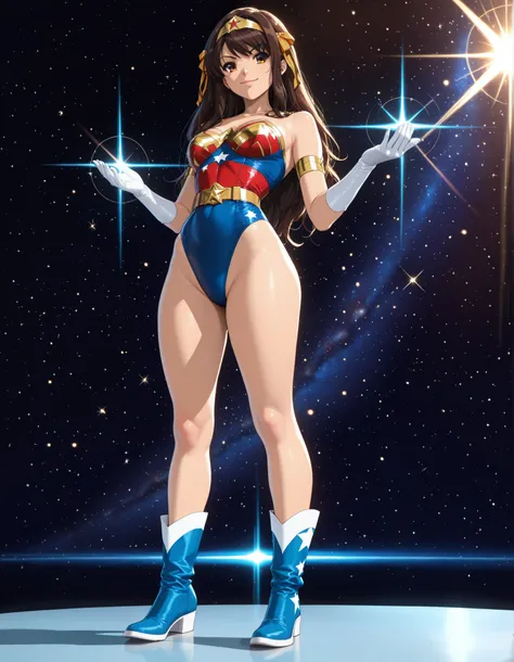 Masterpiece, best quality, high res, 8k, solo, solo focus, 1girl, sysdeep_haruhi, suzumiya haruhi as Wonder Woman, (blue highleg leotard with white accents), (high waisted belt:1.4, tight belt:1.4), (bare legs:1.4), matching gloves, (matching boots, blue a...