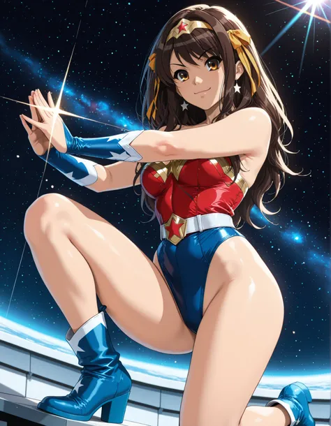 Masterpiece, best quality, high res, 8k, solo, solo focus, 1girl, sysdeep_haruhi, suzumiya haruhi as Wonder Woman, (blue highleg leotard with white accents), (high waisted belt:1.4, tight belt:1.4), (bare legs:1.4), matching gloves, (matching boots, blue a...