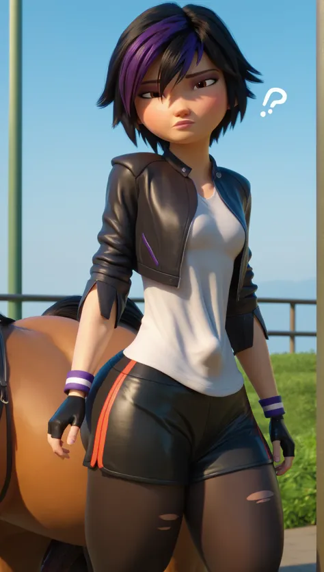 check_9,check_8_up,check_7_up, BREAK gogo tomago,3D, , One, black hair, black cycling shorts, black fingerless gloves, short hair, brown eyes, black leather jacket, black capri,blue spots, purple hair, striped hair , lips, looks at the viewer, impassive ...