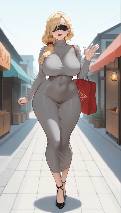 An extremely beautiful sexy woman with long silky pale-blonde hair, bouffant hairstyle, red plump round lips, red nails, fair natural shiny skin tone, an extremely cinched small waist, wide round hips, medium size breasts, round hips, and a perfect temptin...