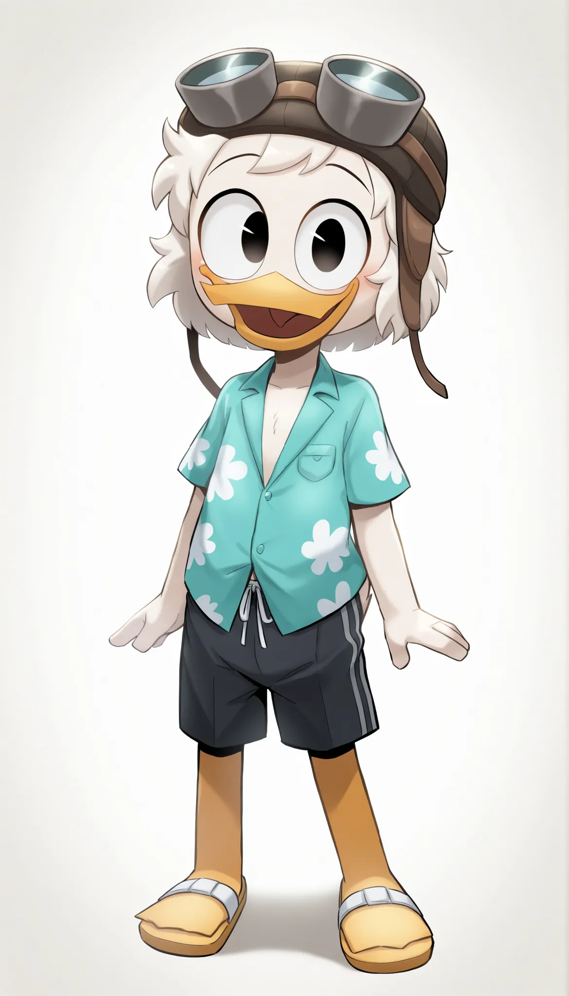 (masterpiece, best quality, very aesthetic, absurdres), artist:sakura, solo, 1boy, male, duck, beak, young, black eyes, looking at viewer, open smile, blush, white hair, messy bangs, short messy hair, ((goggles, black wool hat, blue aloha shirt, short slee...