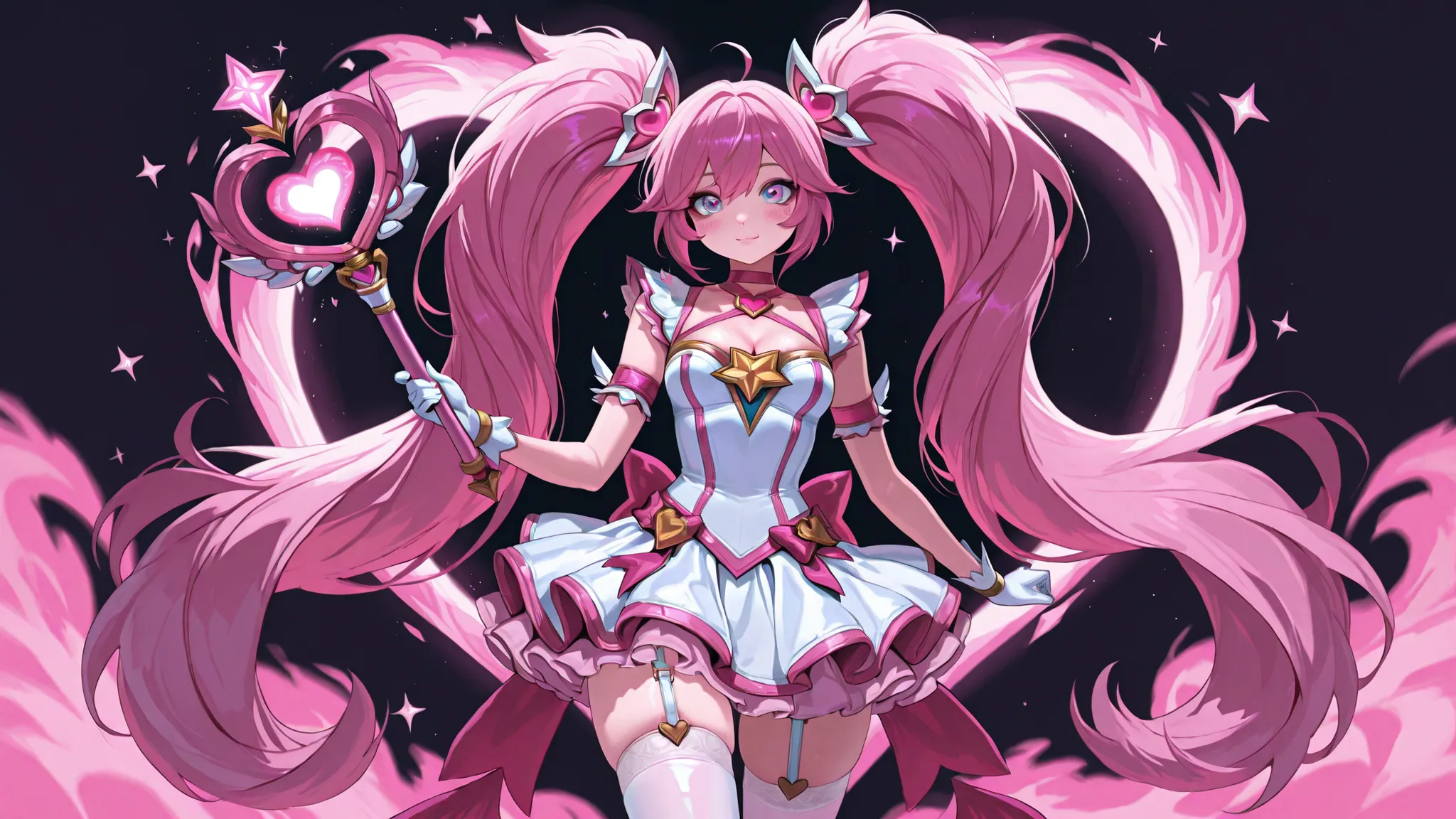 portrait of female cute adorable magical girl character from star guardians (league of legends), pink long hair, white thigh highs with garter belts, white/pink ragged skirt to her thighs, white top with a little bit of cleavage, perfect body, beautiful, h...