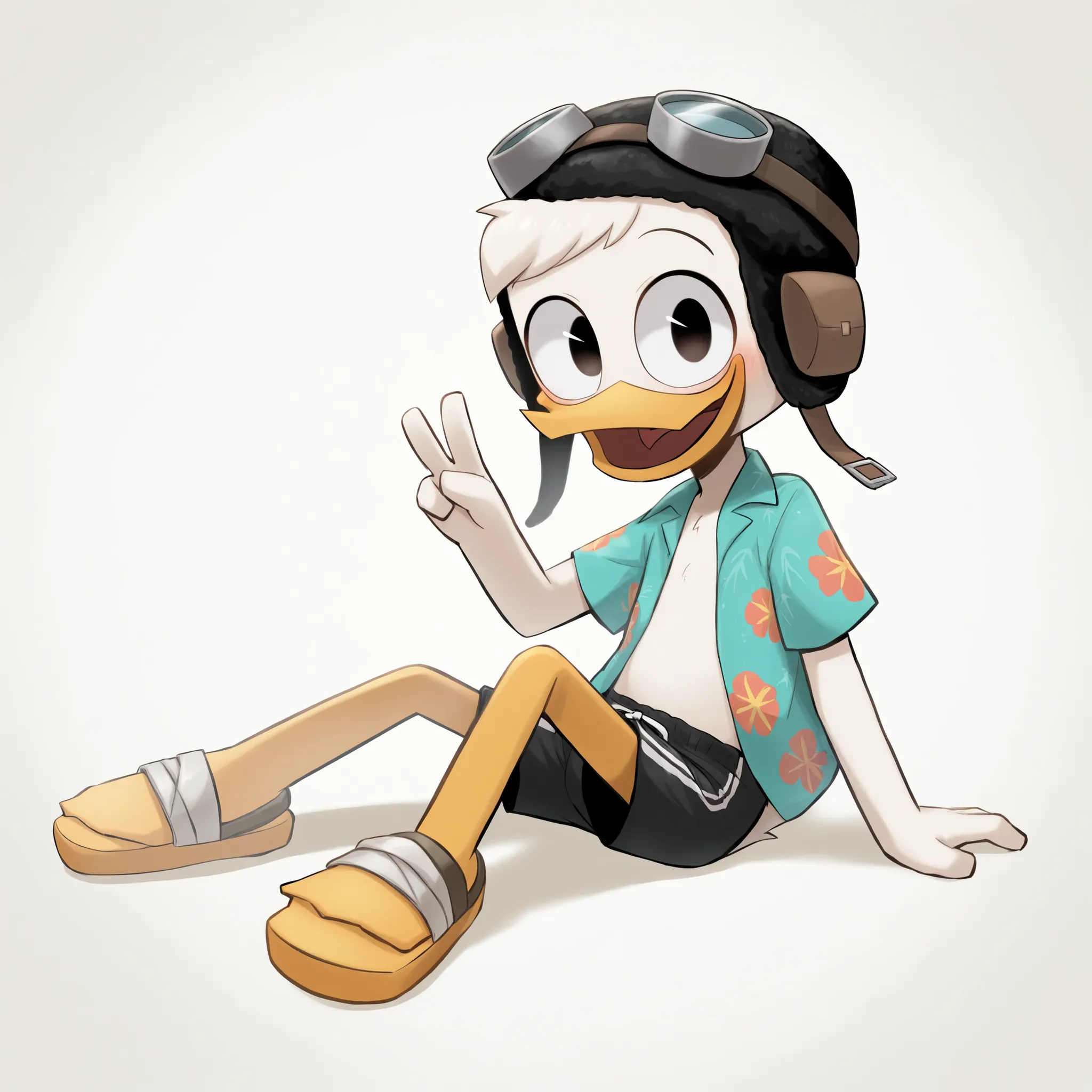 (masterpiece, best quality, very aesthetic, absurdres), artist:sakura, solo, 1boy, male, duck, beak, young, black eyes, looking at viewer, open smile, blush, white hair, messy bangs, short messy hair, ((goggles, black wool hat, blue aloha shirt, short slee...