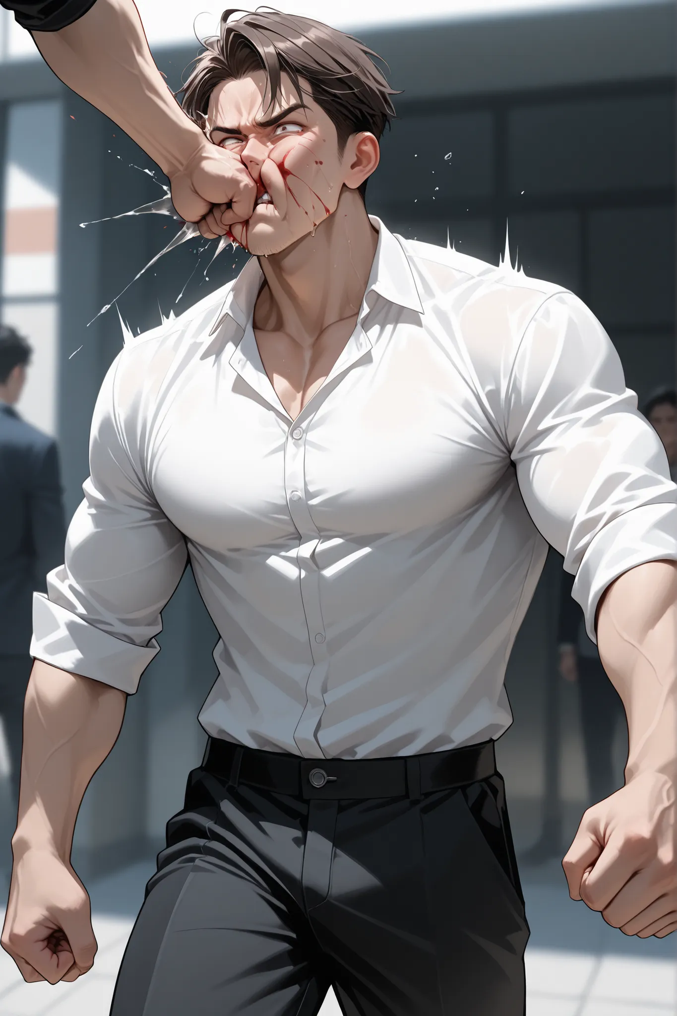 A guy dressed in a white shirt,  black pants, getting punched in the face 