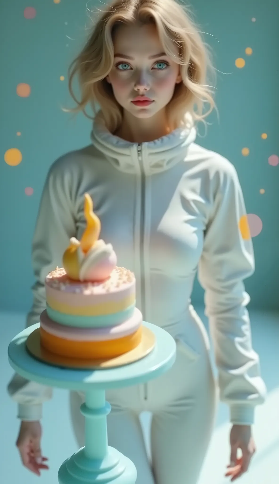 ((RAW Photo), Absurds, (Absurd Resolution)), ((Hyperrealism, Photorealistic)), ((beautiful 23 year old woman)), (poufy blonde hair, cropped, light flashes), (full astronaut suit, white fabric), (without helmet), (she looks sideways to the side), (floating ...