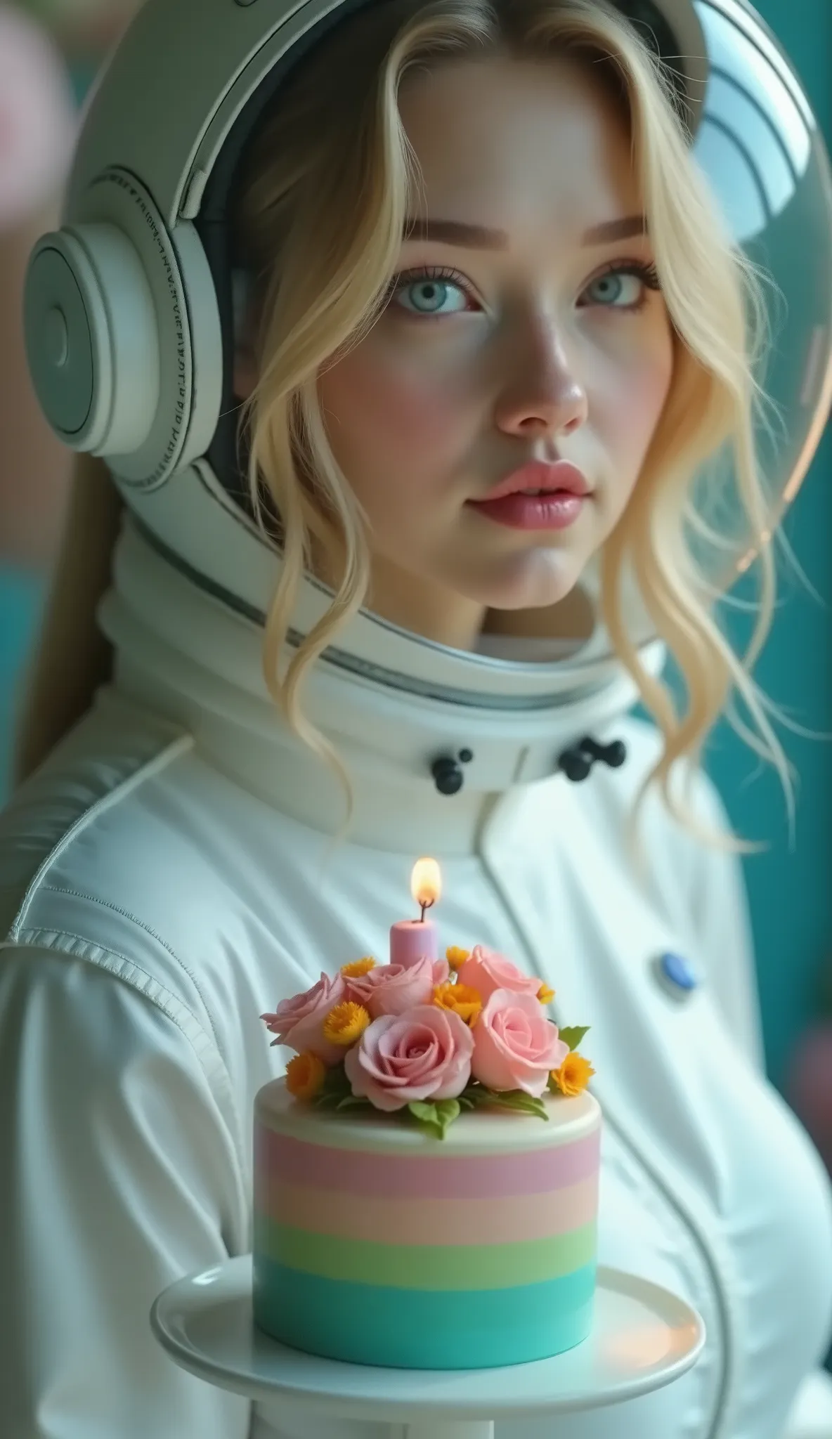 ((RAW Photo), Absurds, (Absurd Resolution)), ((Hyperrealism, Photorealistic)), ((beautiful 23 year old woman)), (poufy blonde hair, cropped, light flashes), (full astronaut suit, white fabric), (without helmet), (she looks sideways to the side), (floating ...